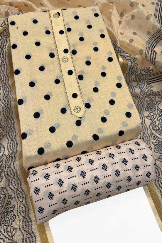 Cotton Blend Printed Suit Set with Kota Doria Dupatta for Women’s Unstitched (Top 2.5m | Bottom 2.5m | Dupatta 2.25m)