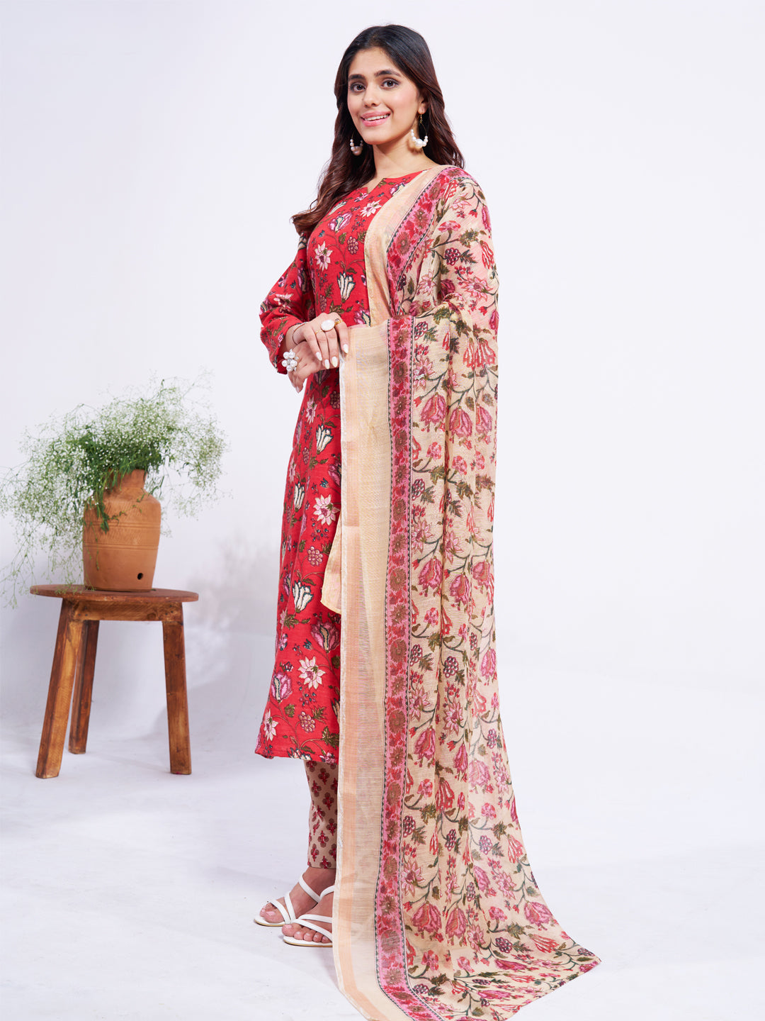 Women's Cotton Blend Printed Kurti Pant Dupatta Set