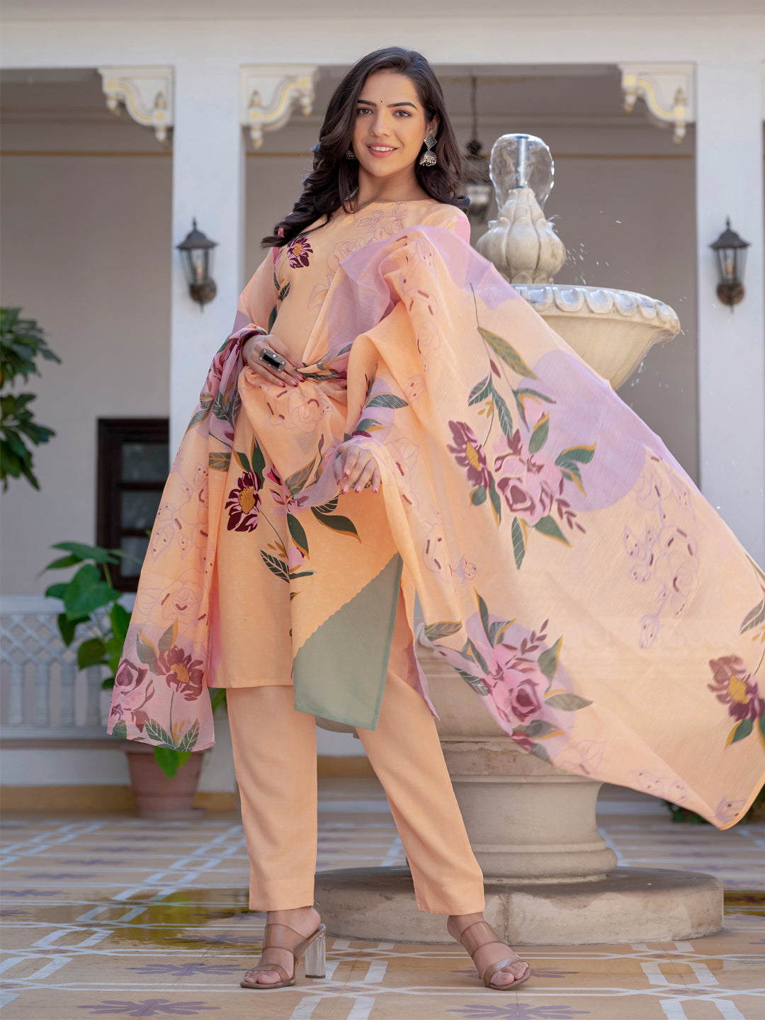 Women's Cotton Blend Printed Kurti Pant Dupatta Set