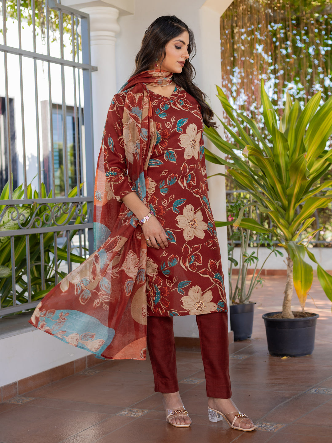 Women's Cotton Blend Printed Kurti Pant Dupatta Set