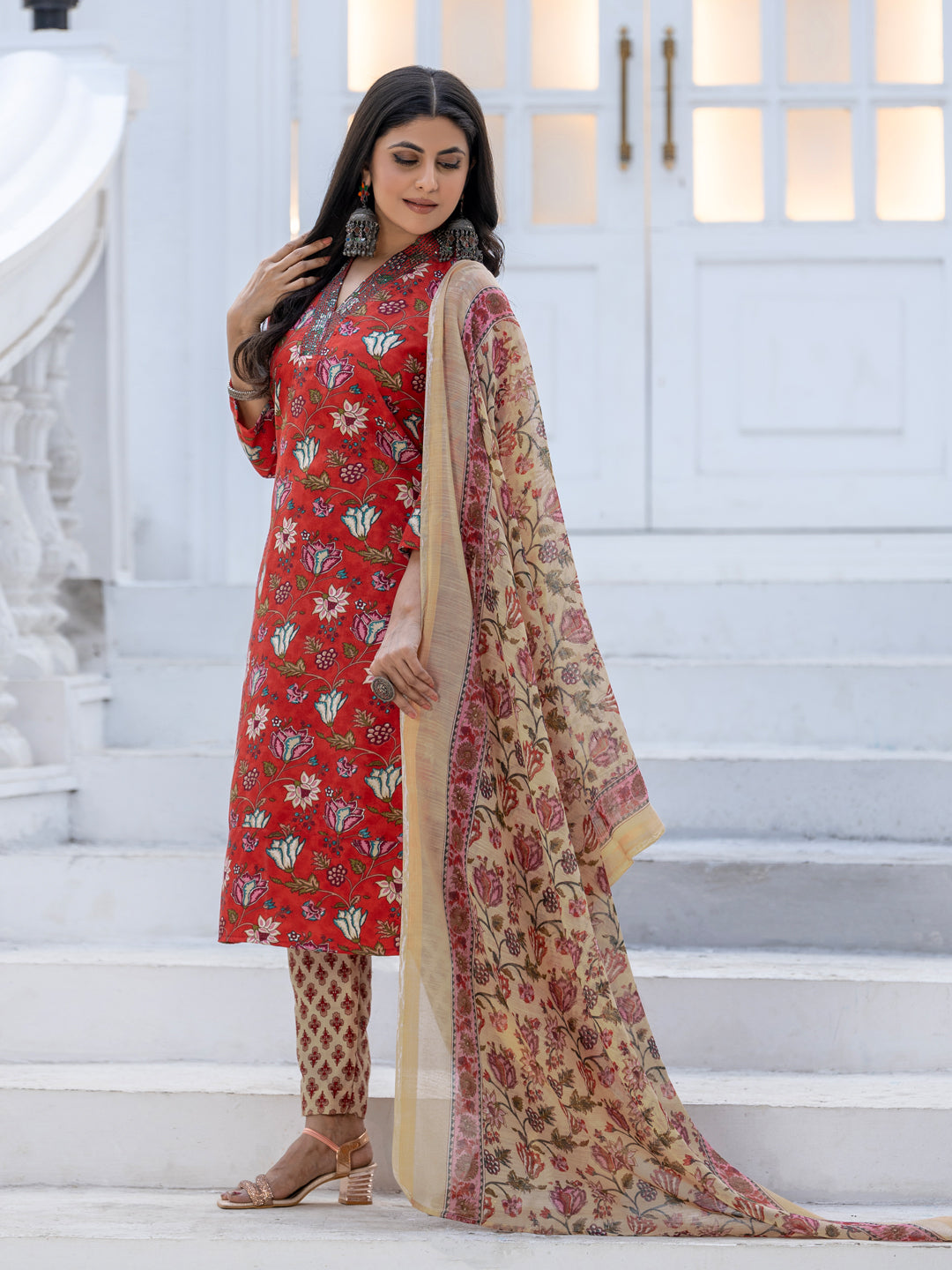 Women's Rayon Printed Kurti Pant Dupatta Set