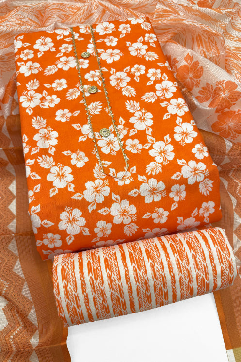 Cotton Blend Printed Suit Set with Kota Doria Dupatta for Women’s Unstitched (Top 2.5m | Bottom 2.5m | Dupatta 2.25m)
