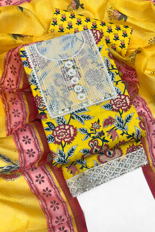 cotton embroidered salwar suit dress material Grey Floral Embroidered Pure Cotton Dress Material main image 1
