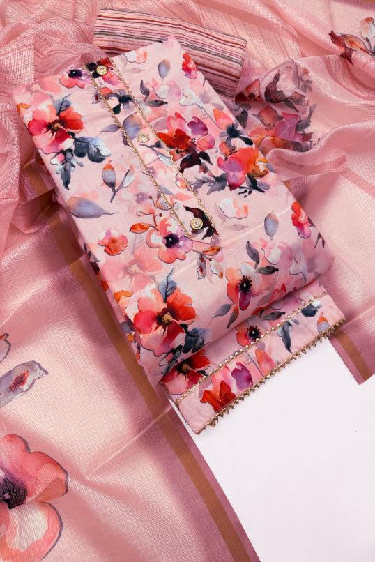 Cotton Blend Printed Suit Set with Kota Doria Dupatta for Women’s Unstitched (Top 2.5m | Bottom 2.5m | Dupatta 2.25m)