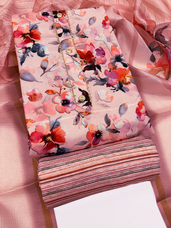 Cotton Blend Printed Suit Set with Kota Doria Dupatta for Women’s Unstitched (Top 2.5m | Bottom 2.5m | Dupatta 2.25m)