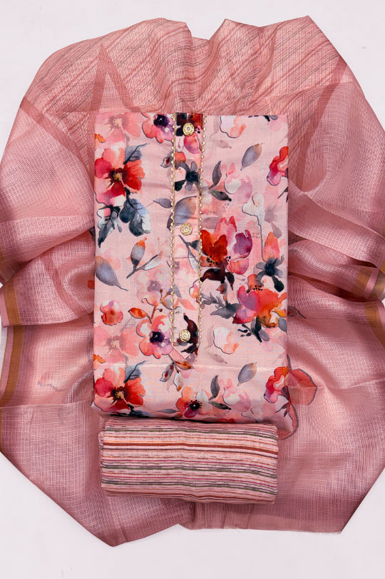 Cotton Blend Printed Suit Set with Kota Doria Dupatta for Women’s Unstitched (Top 2.5m | Bottom 2.5m | Dupatta 2.25m)