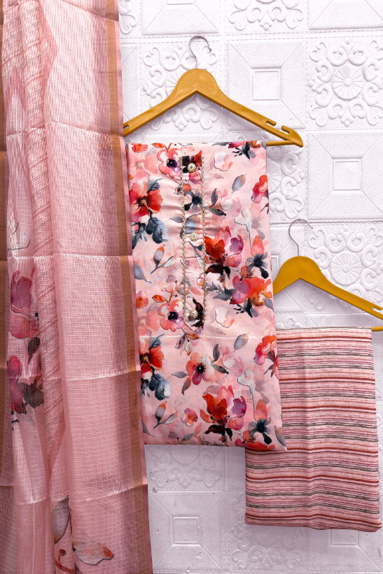 Cotton Blend Printed Suit Set with Kota Doria Dupatta for Women’s Unstitched (Top 2.5m | Bottom 2.5m | Dupatta 2.25m)