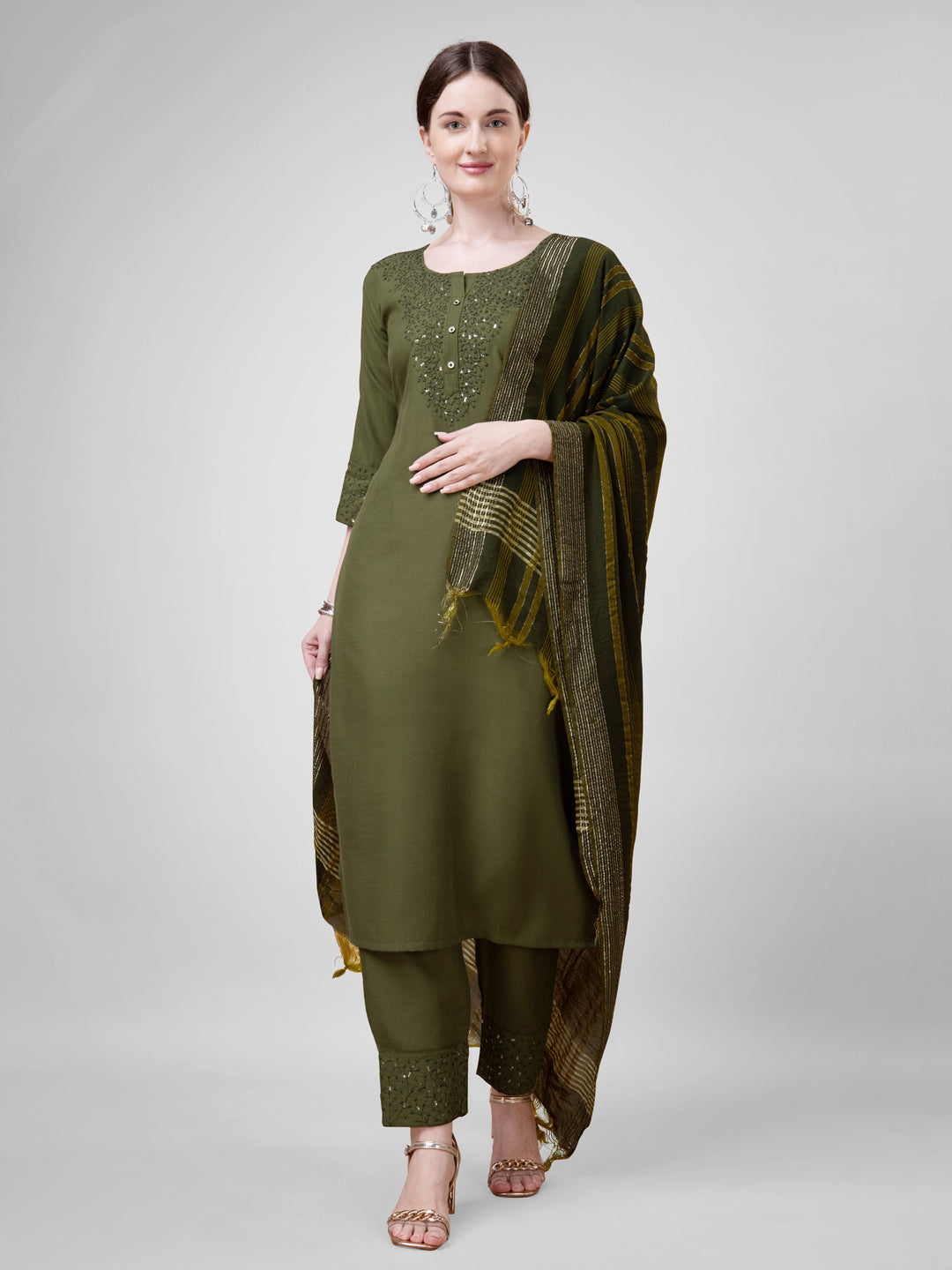 Women's Cotton Blend Kurti Pant Dupatta Set