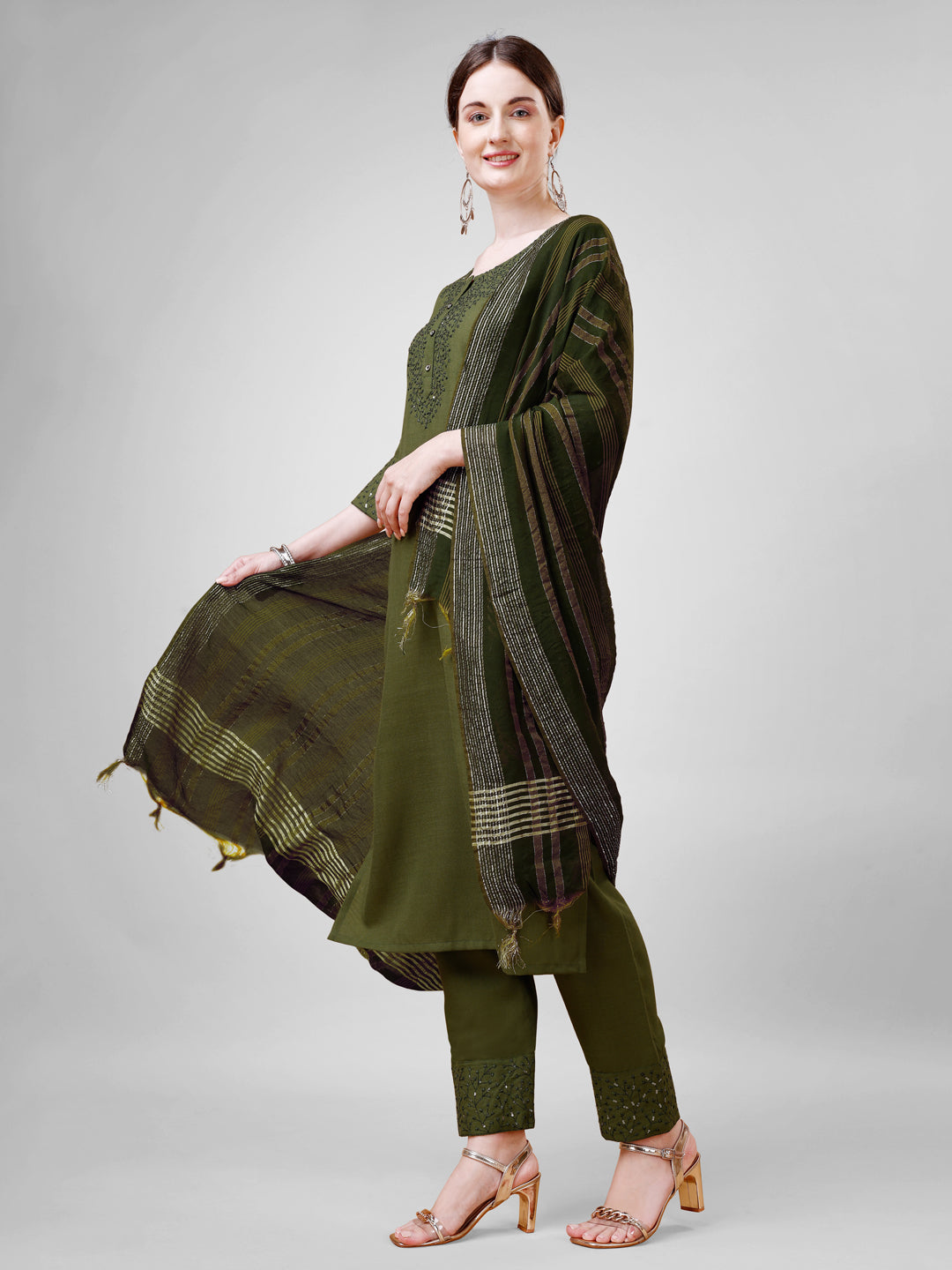 Women's Cotton Blend Kurti Pant Dupatta Set