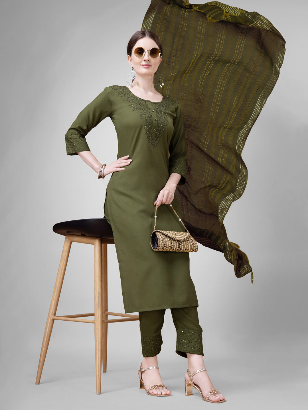 Women's Cotton Blend Kurti Pant Dupatta Set