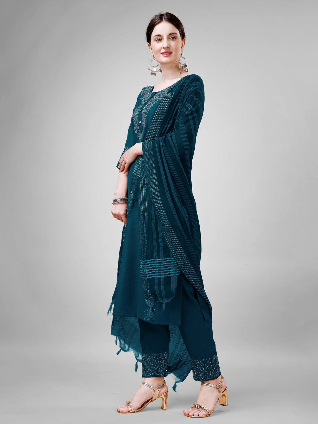 Women's Cotton Blend Kurti Pant Dupatta Set