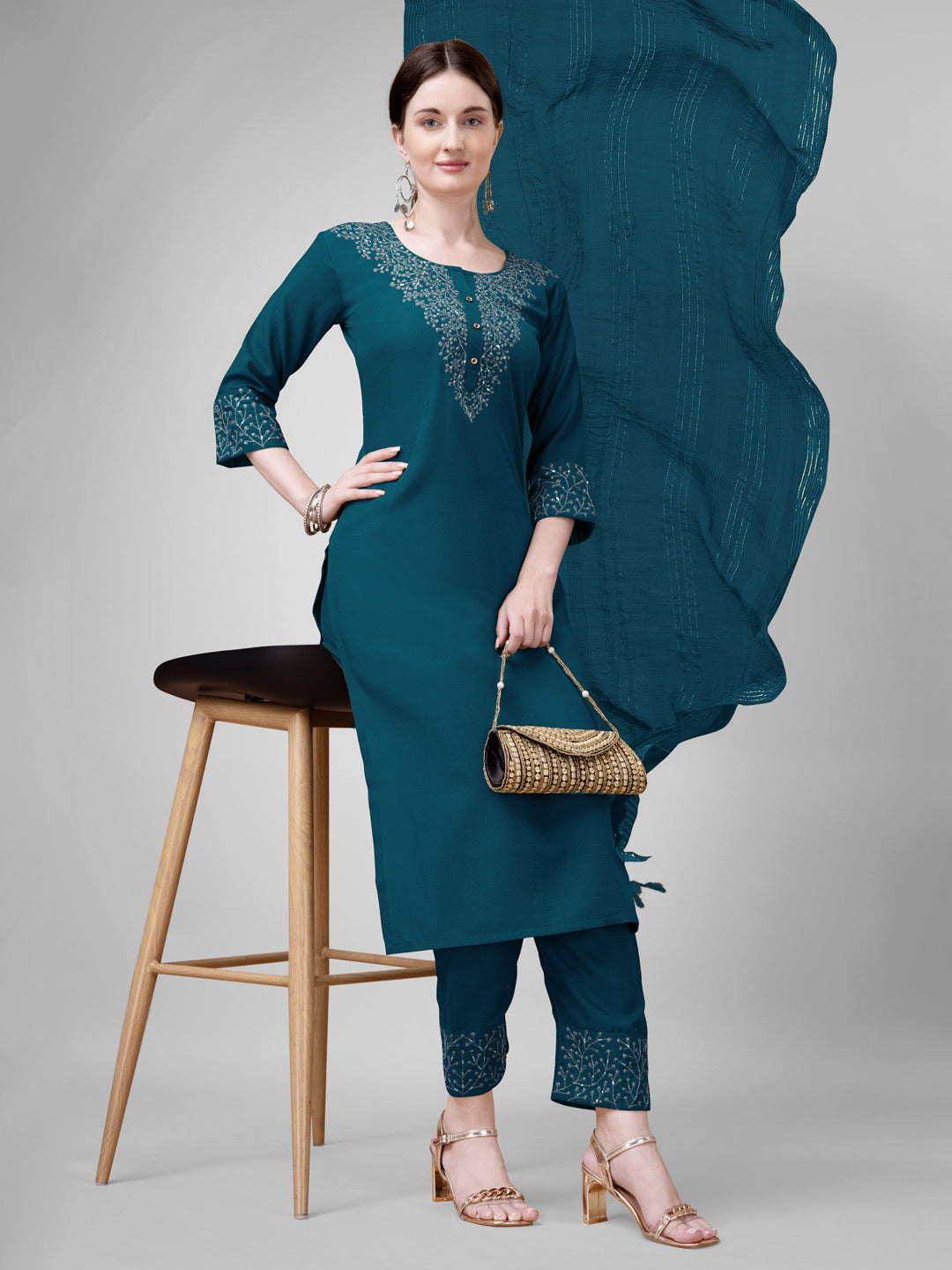 Women's Cotton Blend Kurti Pant Dupatta Set