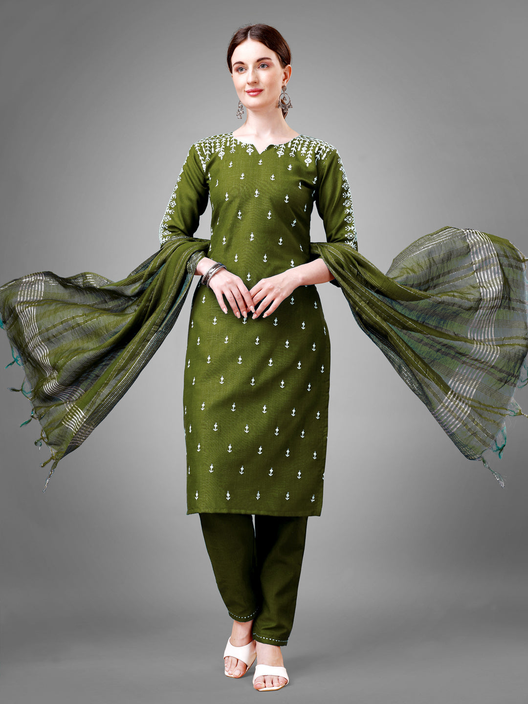 Women's Cotton Blend Kurti Pant Dupatta Set
