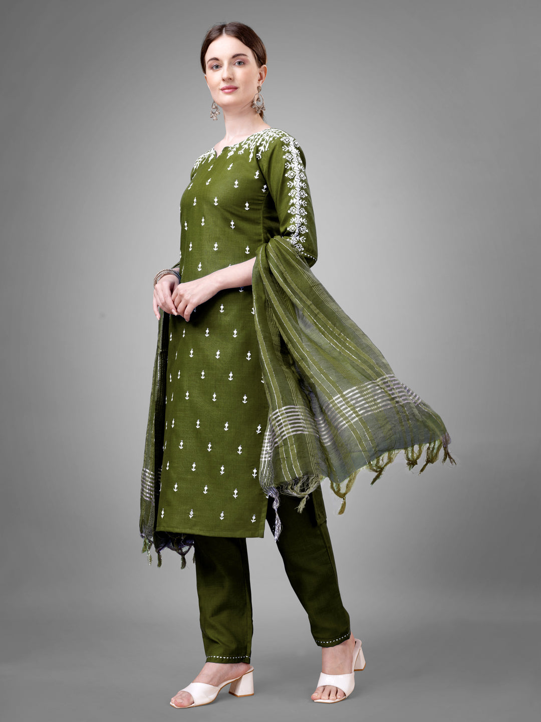 Women's Cotton Blend Kurti Pant Dupatta Set