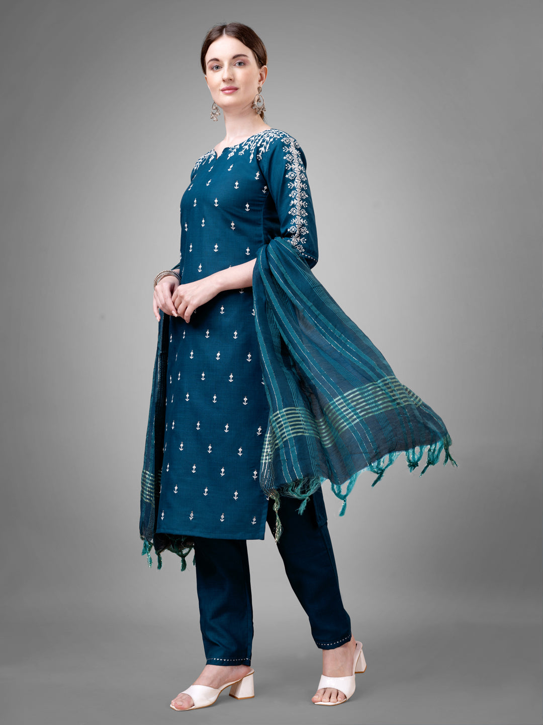 Women's Cotton Blend Kurti Pant Dupatta Set
