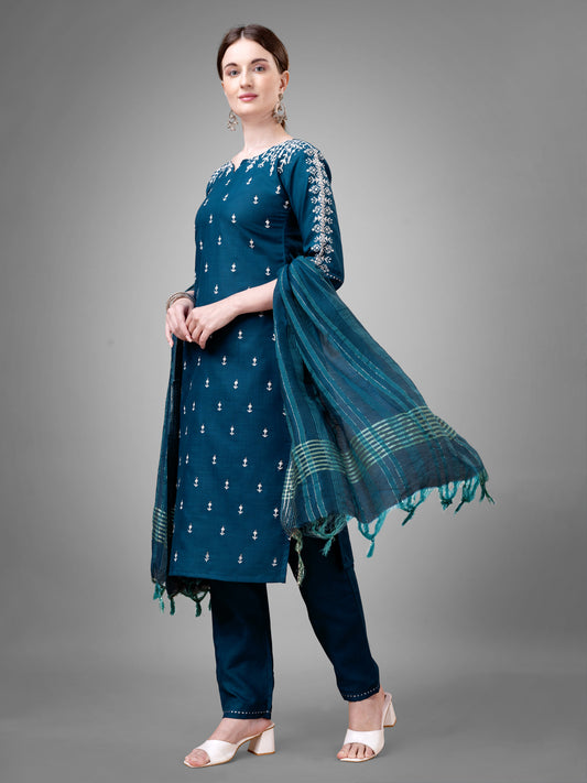 Women's Cotton Blend Kurti Pant Dupatta Set