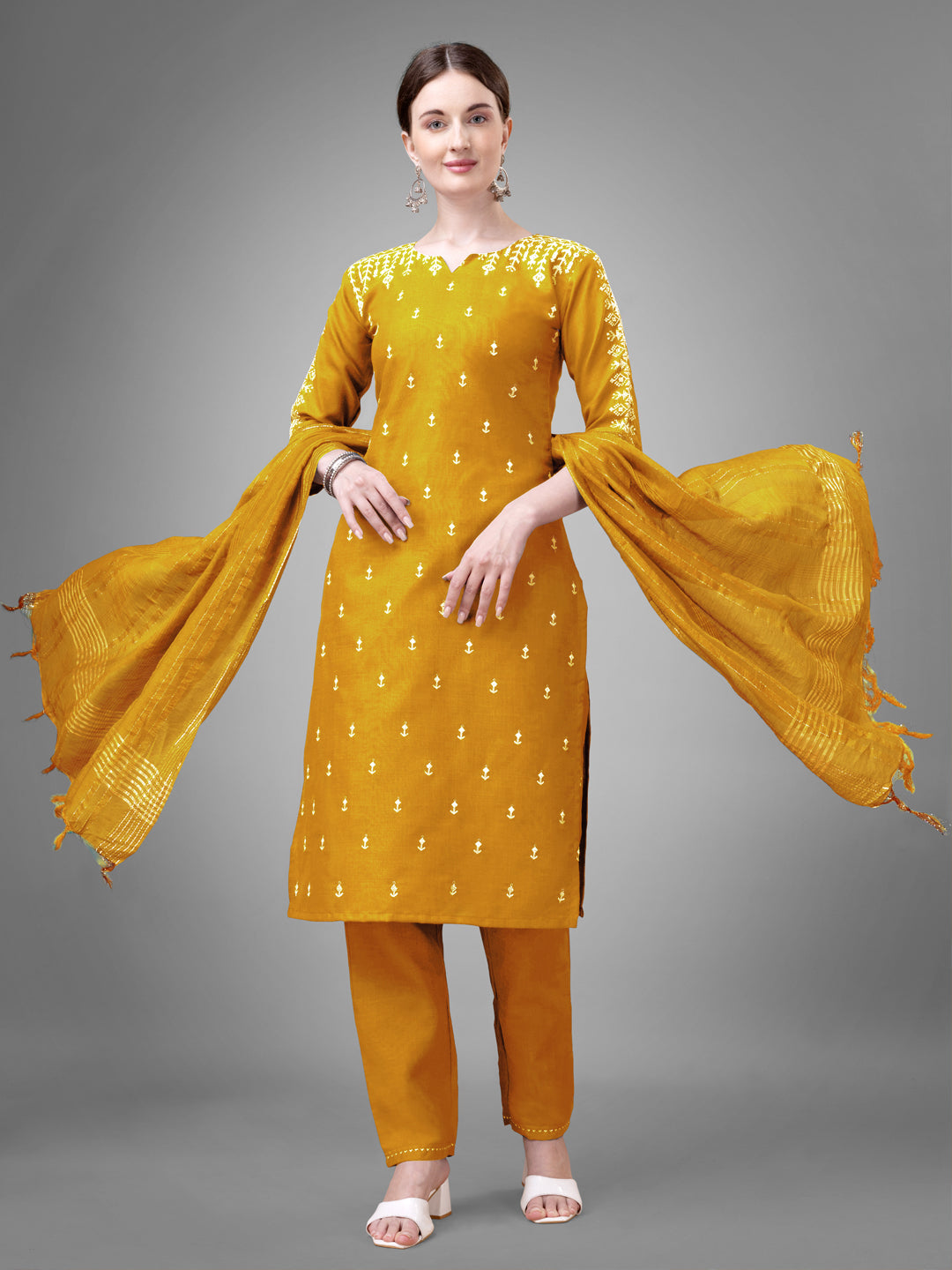 Women's Cotton Blend Kurti Pant Dupatta Set