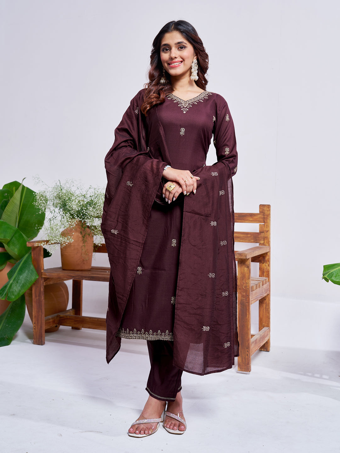 Women's Rayon Embroidered Kurti Pant Dupatta Set