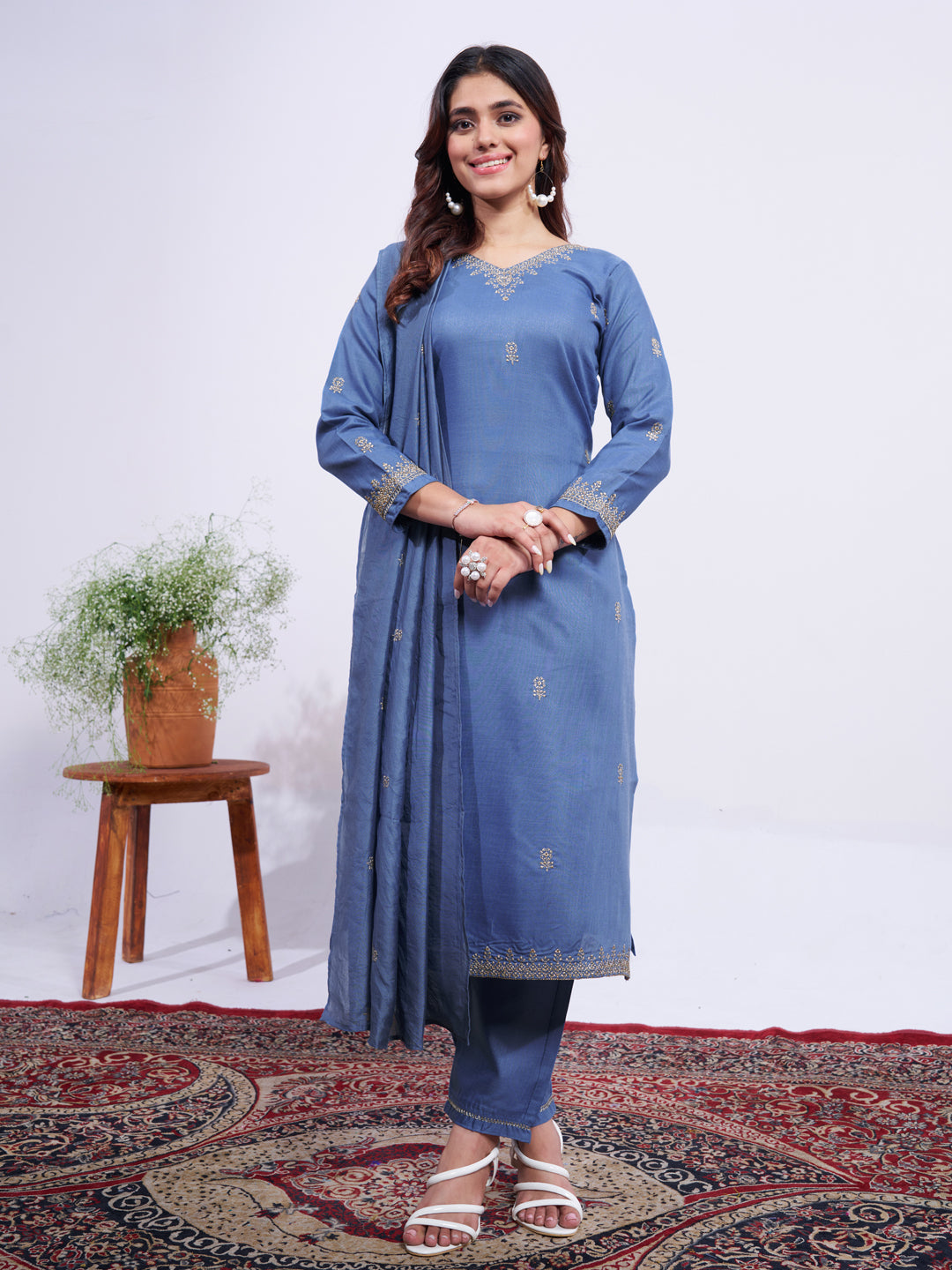 Women's Rayon Embroidered Kurti Pant Dupatta Set