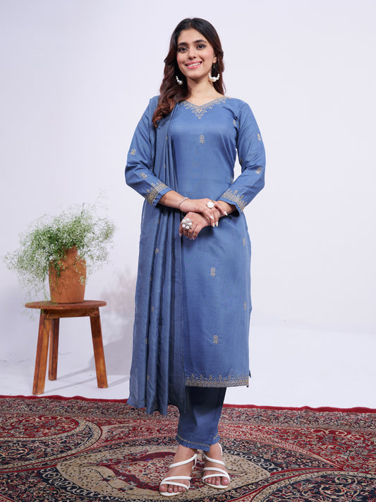 Women's Rayon Embroidered Kurti Pant Dupatta Set