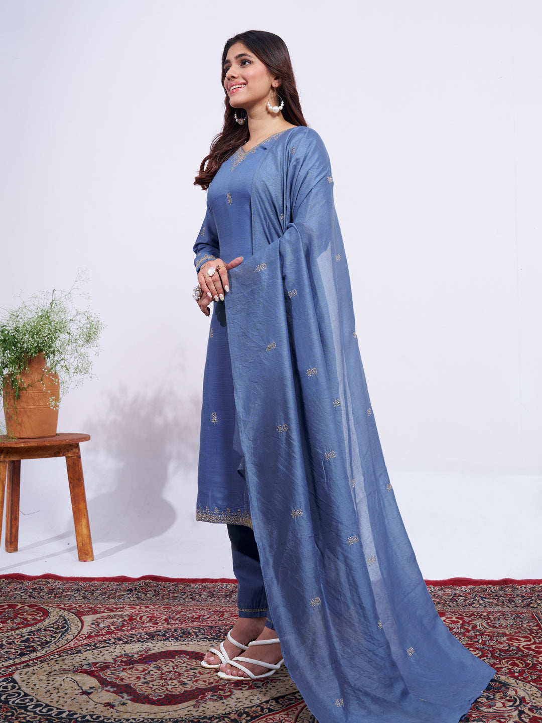 Women's Rayon Embroidered Kurti Pant Dupatta Set