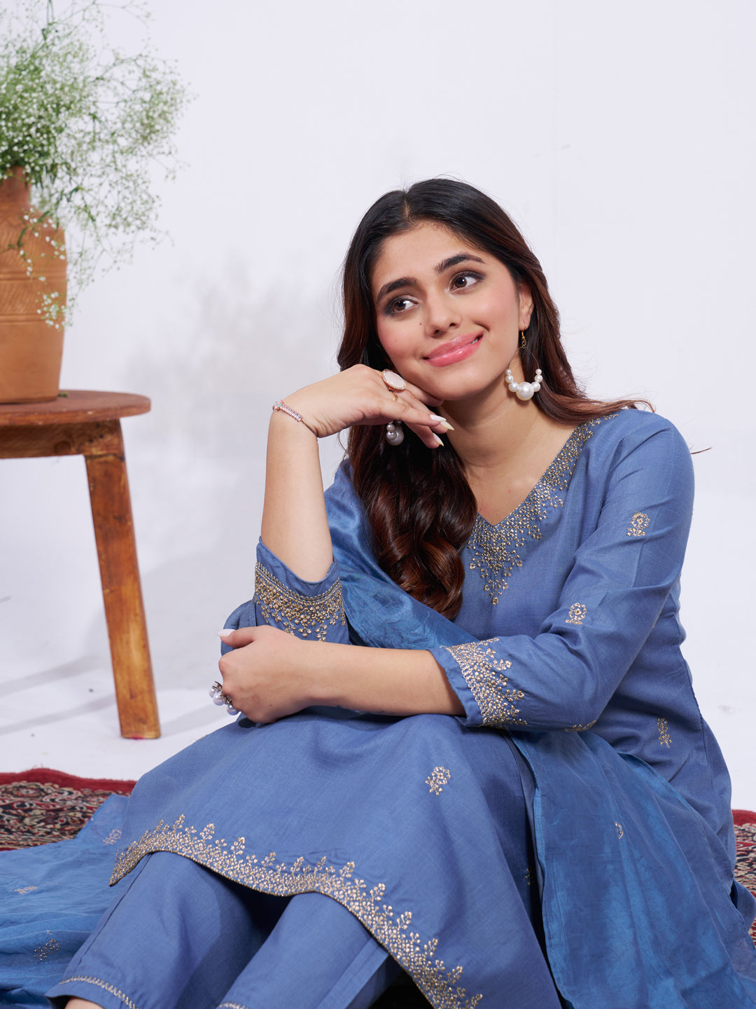 Women's Rayon Embroidered Kurti Pant Dupatta Set