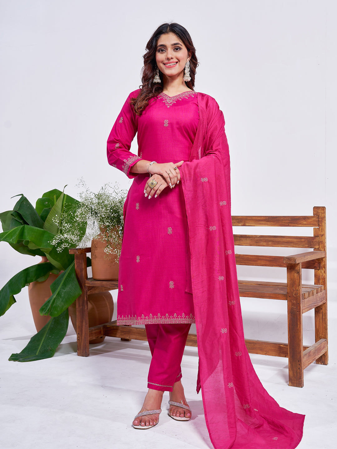 Women's Rayon Embroidered Kurti Pant Dupatta Set