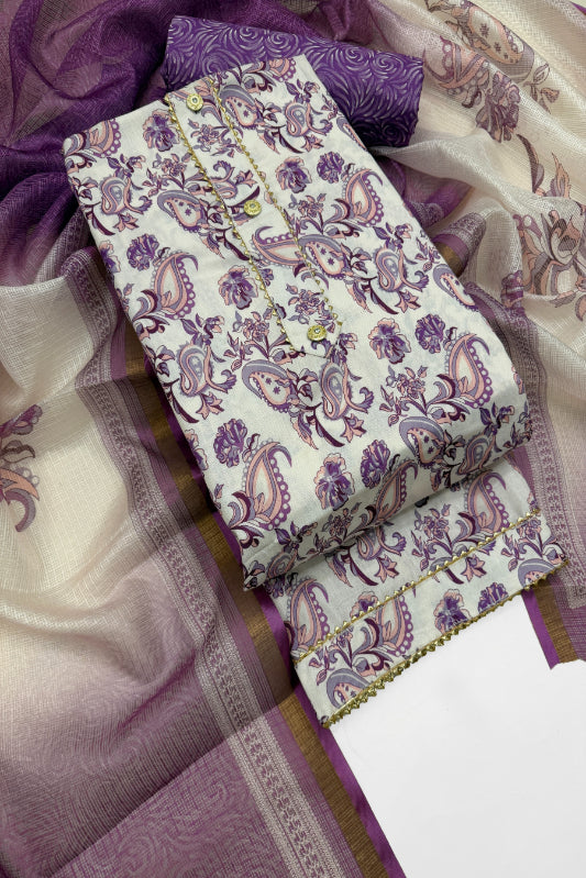 Cotton Blend Printed Suit Set with Kota Doria Dupatta for Women’s Unstitched (Top 2.5m | Bottom 2.5m | Dupatta 2.25m)