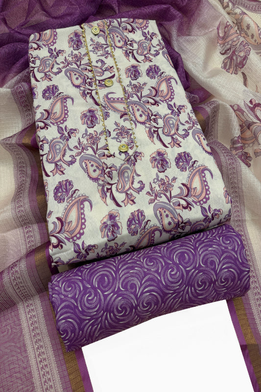Cotton Blend Printed Suit Set with Kota Doria Dupatta for Women’s Unstitched (Top 2.5m | Bottom 2.5m | Dupatta 2.25m)