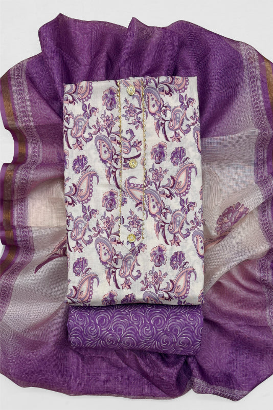 Cotton Blend Printed Suit Set with Kota Doria Dupatta for Women’s Unstitched (Top 2.5m | Bottom 2.5m | Dupatta 2.25m)