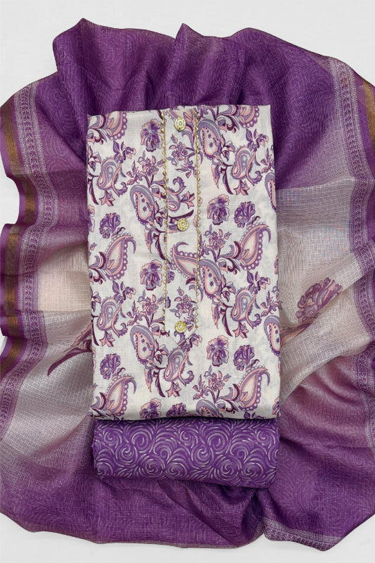 Cotton Blend Printed Suit Set with Kota Doria Dupatta for Women’s Unstitched (Top 2.5m | Bottom 2.5m | Dupatta 2.25m)