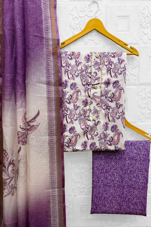 Cotton Blend Printed Suit Set with Kota Doria Dupatta for Women’s Unstitched (Top 2.5m | Bottom 2.5m | Dupatta 2.25m)