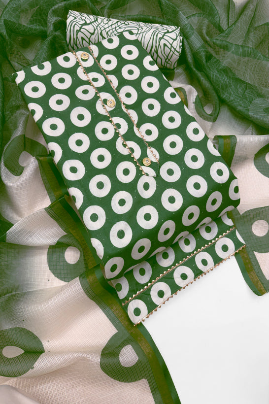 Cotton Blend Printed Suit Set with Kota Doria Dupatta for Women’s Unstitched (Top 2.5m | Bottom 2.5m | Dupatta 2.25m)