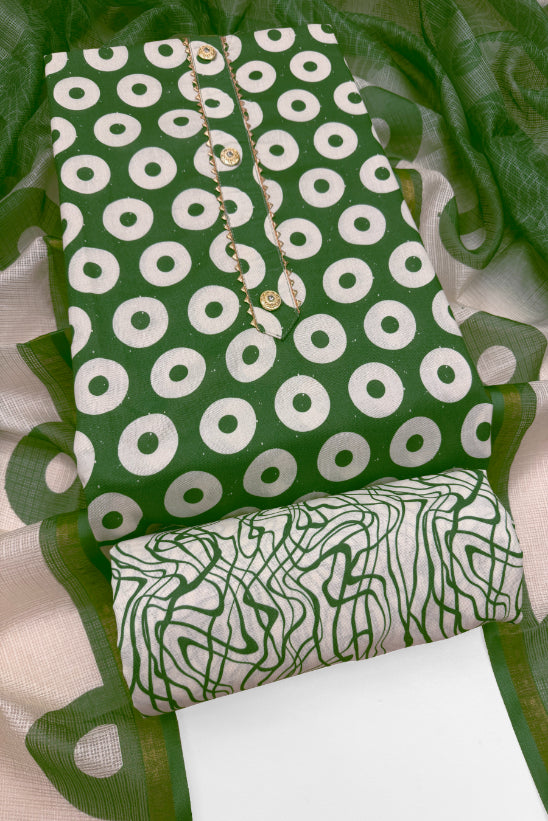 Cotton Blend Printed Suit Set with Kota Doria Dupatta for Women’s Unstitched (Top 2.5m | Bottom 2.5m | Dupatta 2.25m)