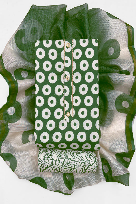Cotton Blend Printed Suit Set with Kota Doria Dupatta for Women’s Unstitched (Top 2.5m | Bottom 2.5m | Dupatta 2.25m)