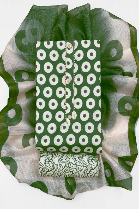 Cotton Blend Printed Suit Set with Kota Doria Dupatta for Women’s Unstitched (Top 2.5m | Bottom 2.5m | Dupatta 2.25m)