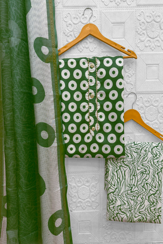 Cotton Blend Printed Suit Set with Kota Doria Dupatta for Women’s Unstitched (Top 2.5m | Bottom 2.5m | Dupatta 2.25m)