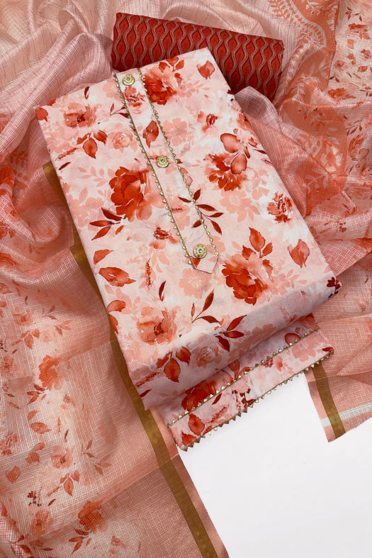 Cotton Blend Printed Suit Set with Kota Doria Dupatta for Women’s Unstitched (Top 2.5m | Bottom 2.5m | Dupatta 2.25m)