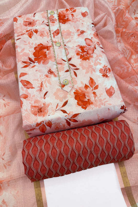 Cotton Blend Printed Suit Set with Kota Doria Dupatta for Women’s Unstitched (Top 2.5m | Bottom 2.5m | Dupatta 2.25m)