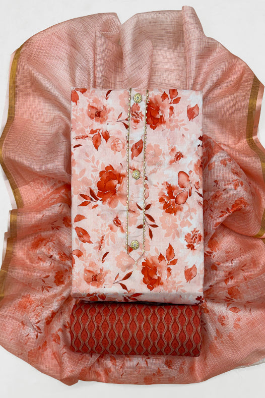 Cotton Blend Printed Suit Set with Kota Doria Dupatta for Women’s Unstitched (Top 2.5m | Bottom 2.5m | Dupatta 2.25m)