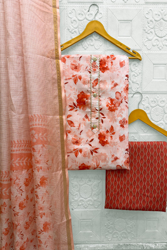 Cotton Blend Printed Suit Set with Kota Doria Dupatta for Women’s Unstitched (Top 2.5m | Bottom 2.5m | Dupatta 2.25m)