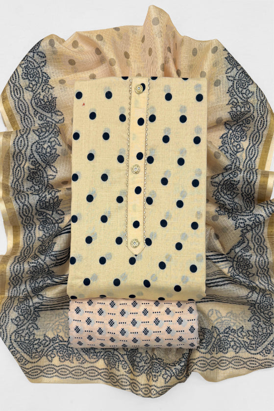 Cotton Blend Printed Suit Set with Kota Doria Dupatta for Women’s Unstitched (Top 2.5m | Bottom 2.5m | Dupatta 2.25m)