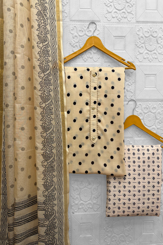 Cotton Blend Printed Suit Set with Kota Doria Dupatta for Women’s Unstitched (Top 2.5m | Bottom 2.5m | Dupatta 2.25m)