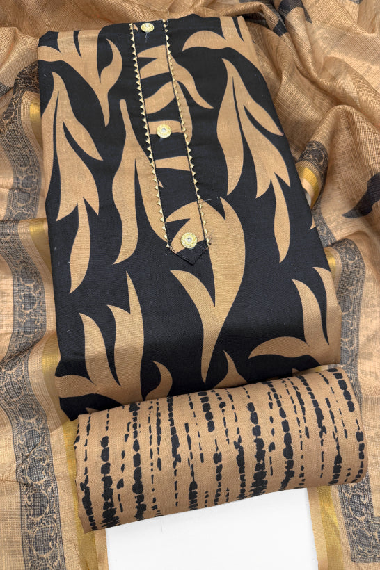 Cotton Blend Printed Suit Set with Kota Doria Dupatta for Women’s Unstitched (Top 2.5m | Bottom 2.5m | Dupatta 2.25m)