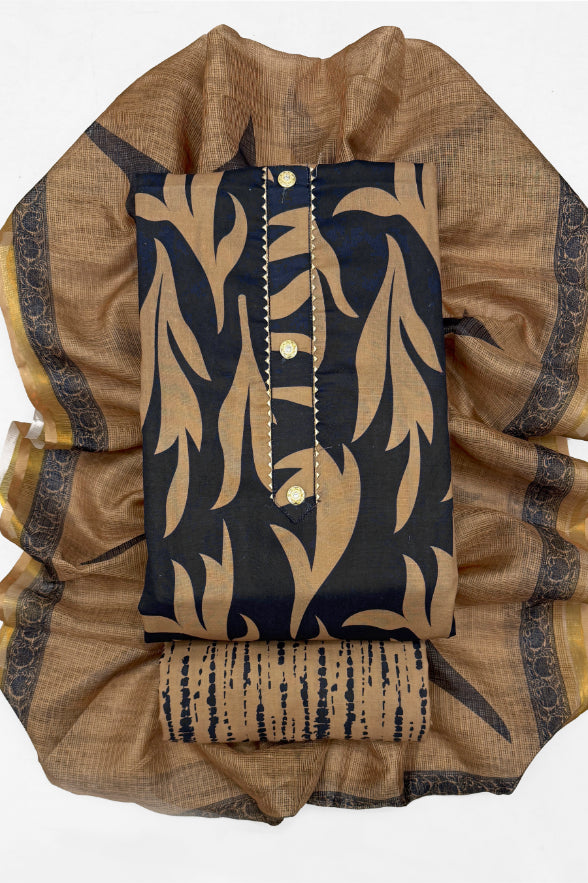Cotton Blend Printed Suit Set with Kota Doria Dupatta for Women’s Unstitched (Top 2.5m | Bottom 2.5m | Dupatta 2.25m)