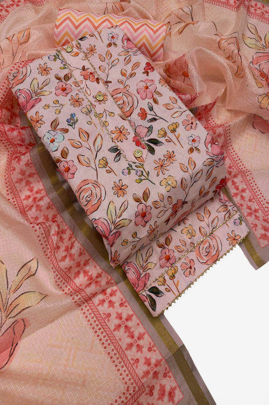 Cotton Blend Printed Suit Set with Kota Doria Dupatta for Women’s Unstitched (Top 2.5m | Bottom 2.5m | Dupatta 2.25m)