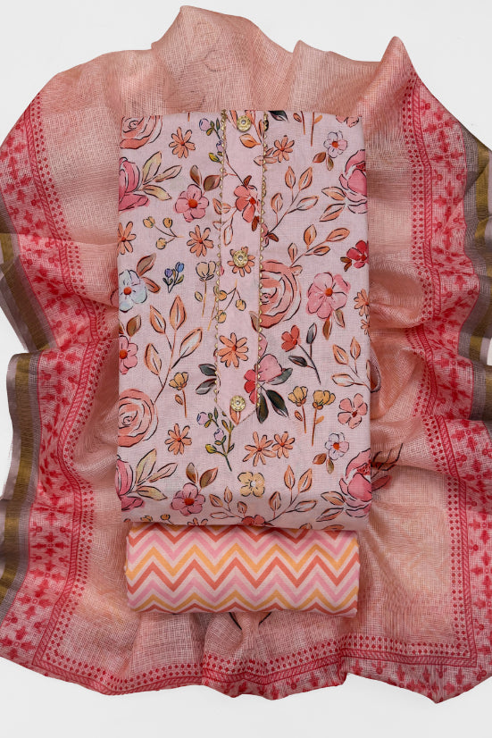 Cotton Blend Printed Suit Set with Kota Doria Dupatta for Women’s Unstitched (Top 2.5m | Bottom 2.5m | Dupatta 2.25m)