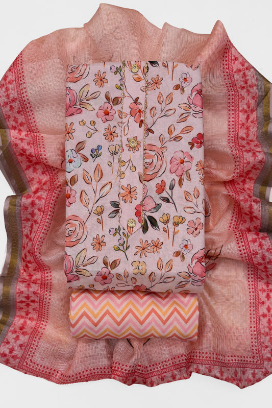 Cotton Blend Printed Suit Set with Kota Doria Dupatta for Women’s Unstitched (Top 2.5m | Bottom 2.5m | Dupatta 2.25m)