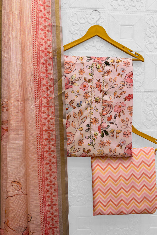 Cotton Blend Printed Suit Set with Kota Doria Dupatta for Women’s Unstitched (Top 2.5m | Bottom 2.5m | Dupatta 2.25m)