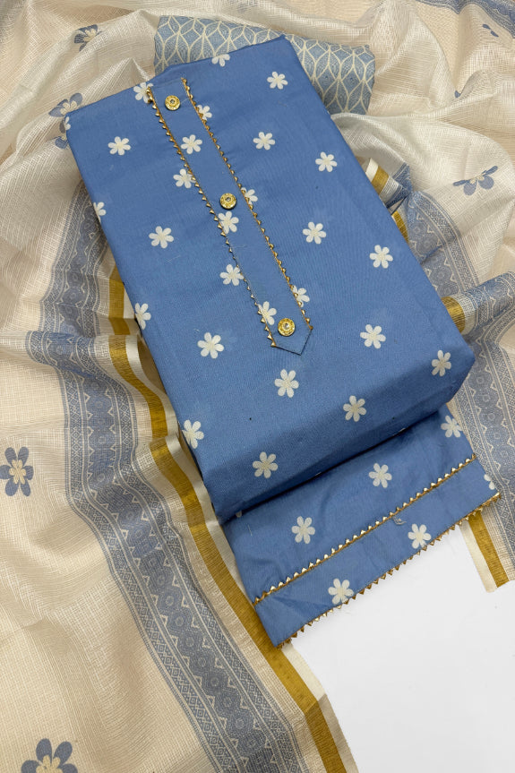 Cotton Blend Printed Suit Set with Kota Doria Dupatta for Women’s Unstitched (Top 2.5m | Bottom 2.5m | Dupatta 2.25m)